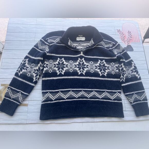 Abercrombie & Fitch Blue and White Zip Up Sweater, Preppy, Winter, Fair Isle - Picture 1 of 9